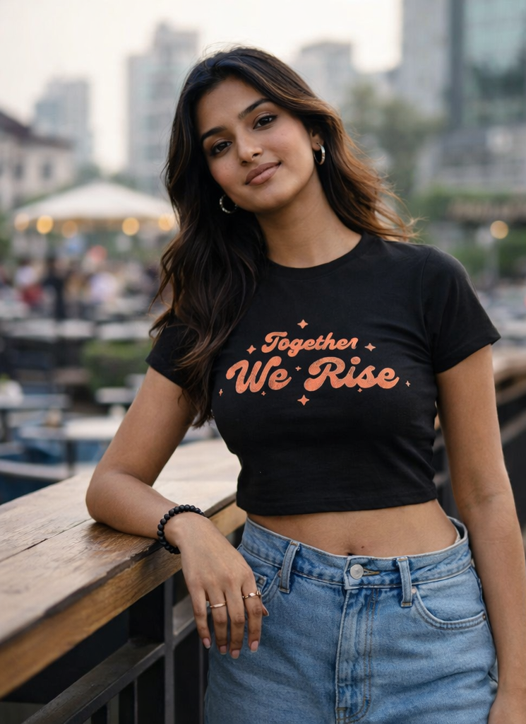 Together We Rise Printed Black Crop Top for Women | Stylish Streetwear