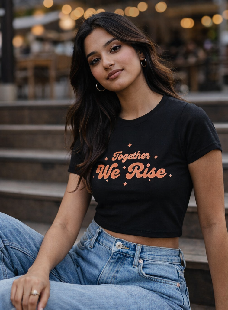Together We Rise Printed Black Crop Top for Women | Stylish Streetwear