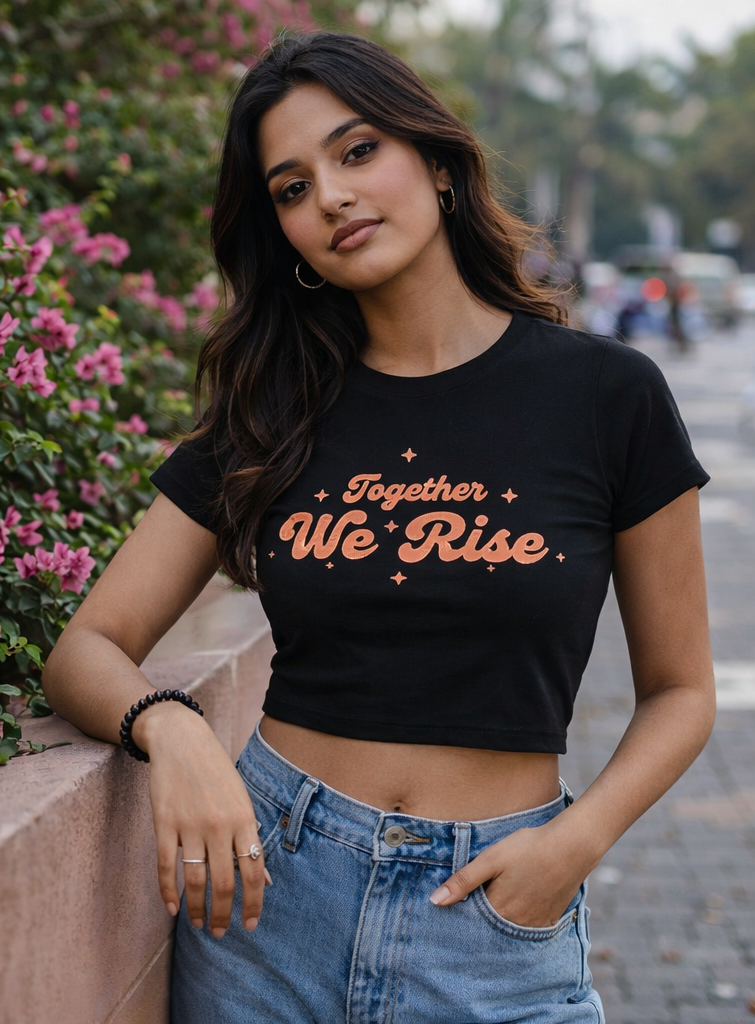 Together We Rise Printed Black Crop Top for Women | Stylish Streetwear